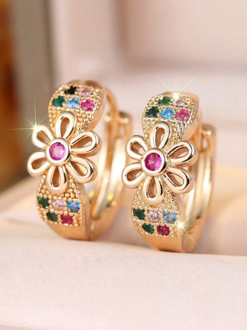 Gold Floral Multi-Stone Hoop Earrings - Pink Center SMALL